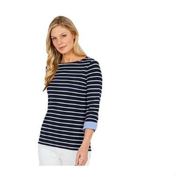 Tops - Nautica Ladies' Cuff Sleeve Top Navy/White Stripe